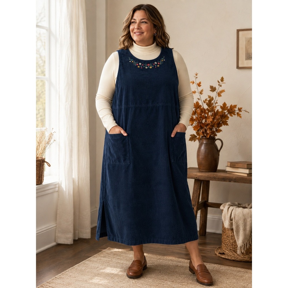 VTG 90s Dressbarn Jumper Dress 2X Navy Corduroy Floral Embroidered 100% Cotton